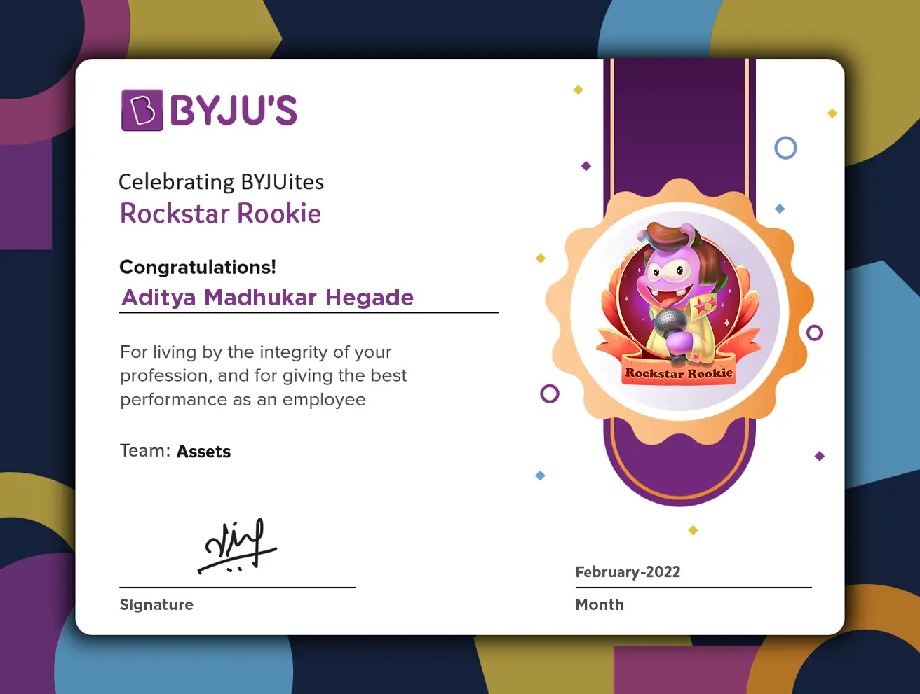 Rockstar Rookie Certificate